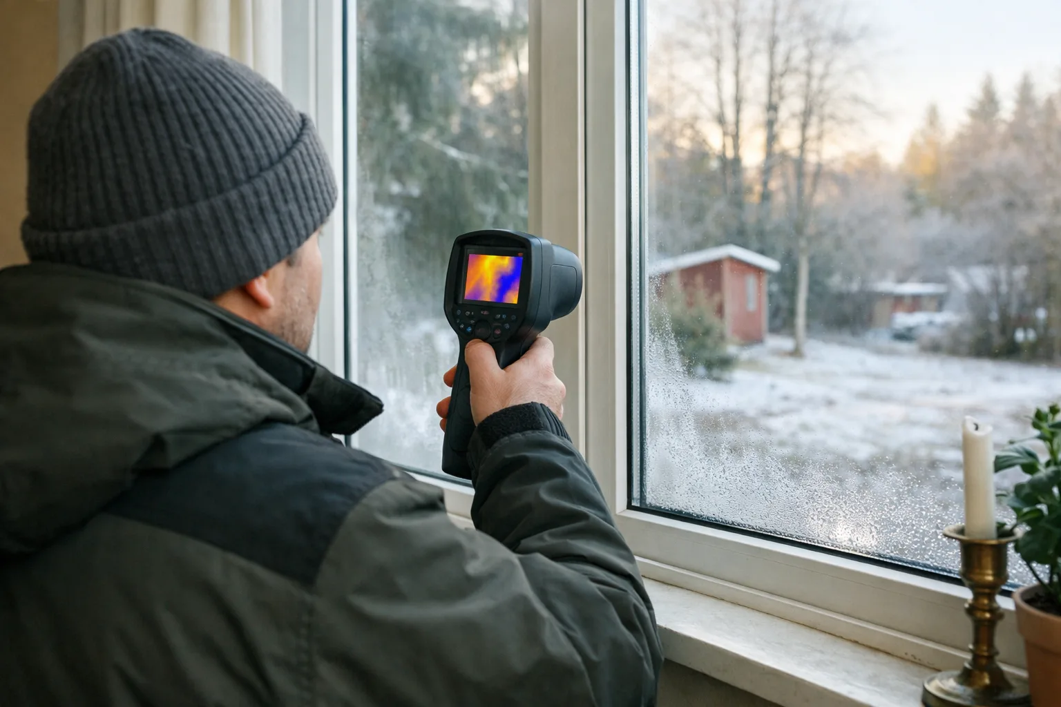 En person undersöker ett fönster med en handhållen värmekamera.