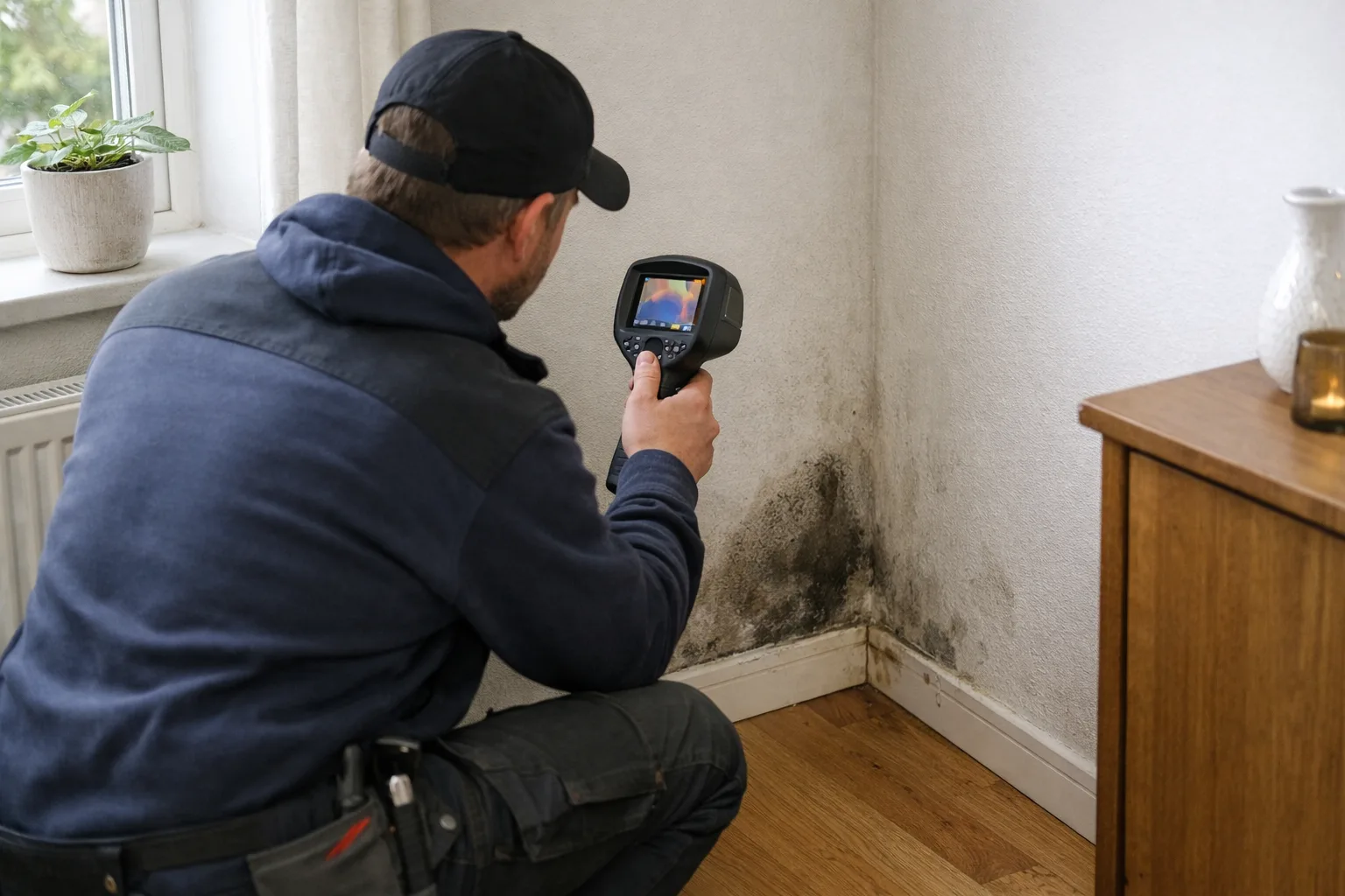 En hantverkare granskar en kall hörna med en värmekamera.