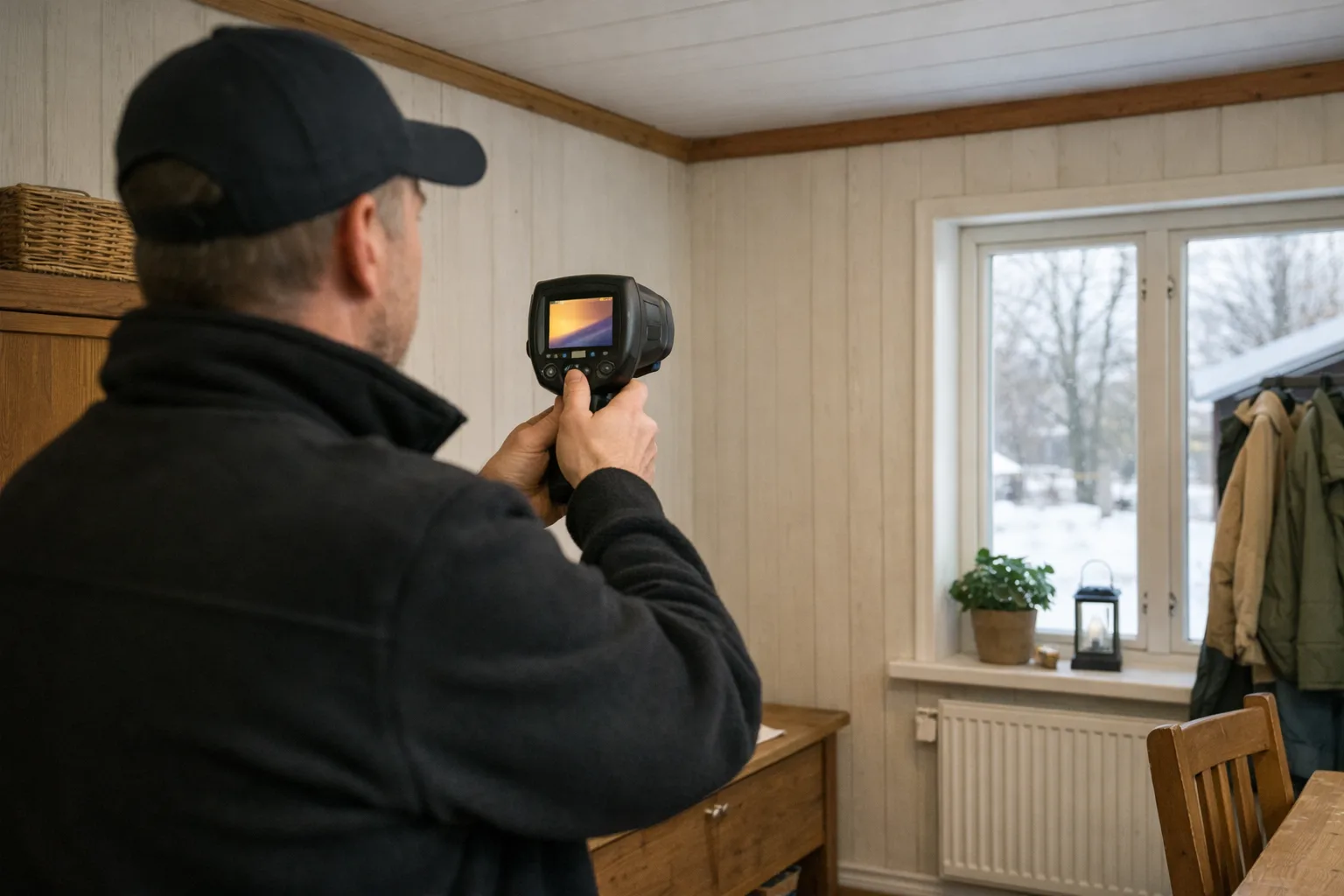 En person undersöker en innervägg med en värmekamera.