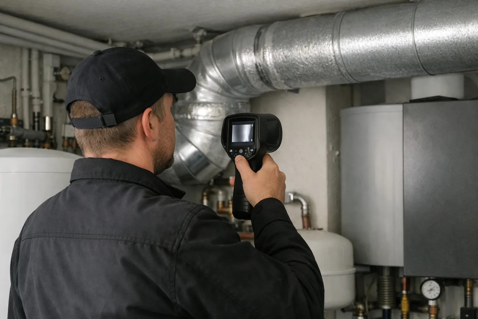 En hantverkare undersöker ett ventilationsrör med en värmekamera.